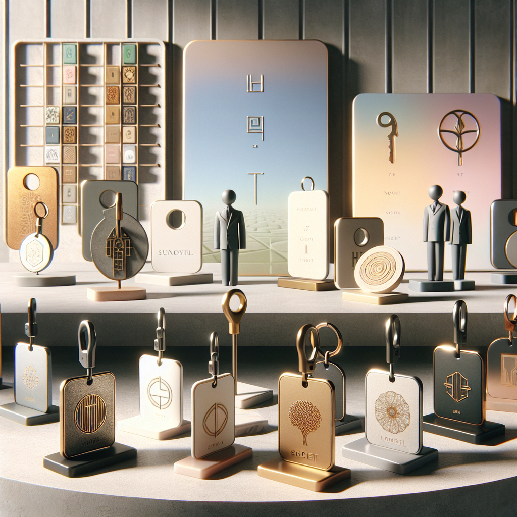 מחזיקי מפתחות בעיצוב אישי מונחים על משטח מודרני, מציגים חריטות ושמות בהתאמה אישית, מתנה מושלמת לכל אירוע
